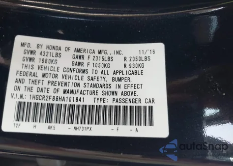 2017 Honda Accord Ex-L z USA, uszkodzony, nr VIN 1HGCR2F88HA101841